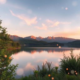 Aesthetic edit of a serene landscape featuring lush greenery, a calm lake reflecting the sky, and distant mountains bathed in golden sunset hues