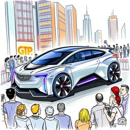 A hand-drawn illustration of a futuristic Cadillac vehicle designed for a project called GTP (Generalized Transport Project)