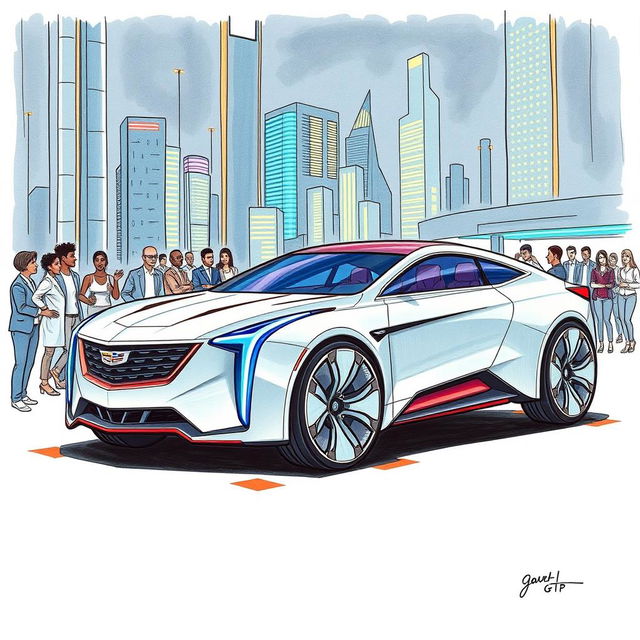 A hand-drawn illustration of a futuristic Cadillac vehicle designed for a project called GTP (Generalized Transport Project)