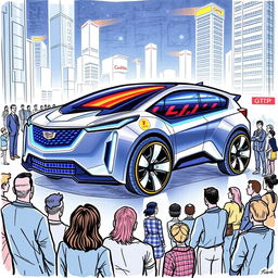 A hand-drawn illustration of a futuristic Cadillac vehicle designed for a project called GTP (Generalized Transport Project)