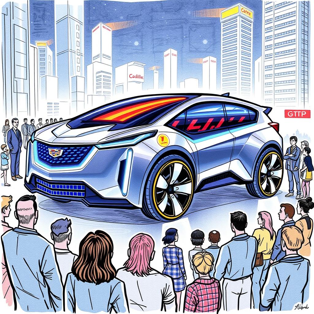 A hand-drawn illustration of a futuristic Cadillac vehicle designed for a project called GTP (Generalized Transport Project)