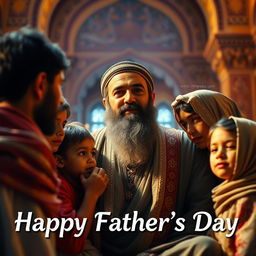 A video still capturing a vibrant and emotional scene from a dramatic representation of Imam Ali, celebrating the essence of fatherhood in a heartwarming context