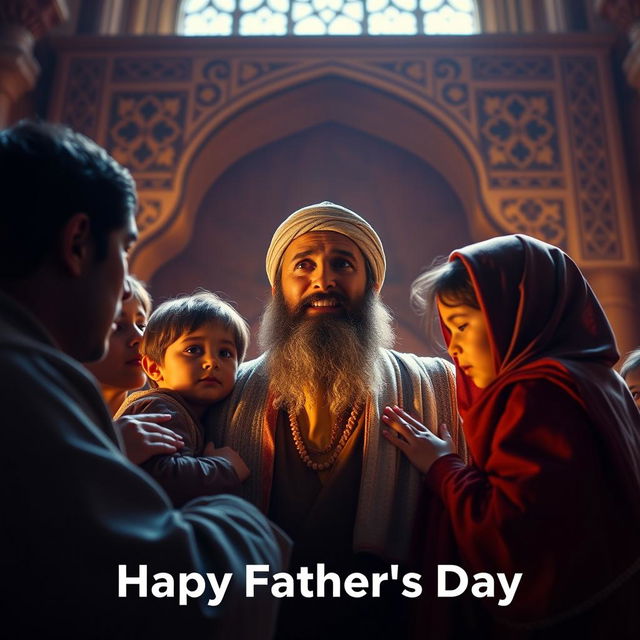 A video still capturing a vibrant and emotional scene from a dramatic representation of Imam Ali, celebrating the essence of fatherhood in a heartwarming context