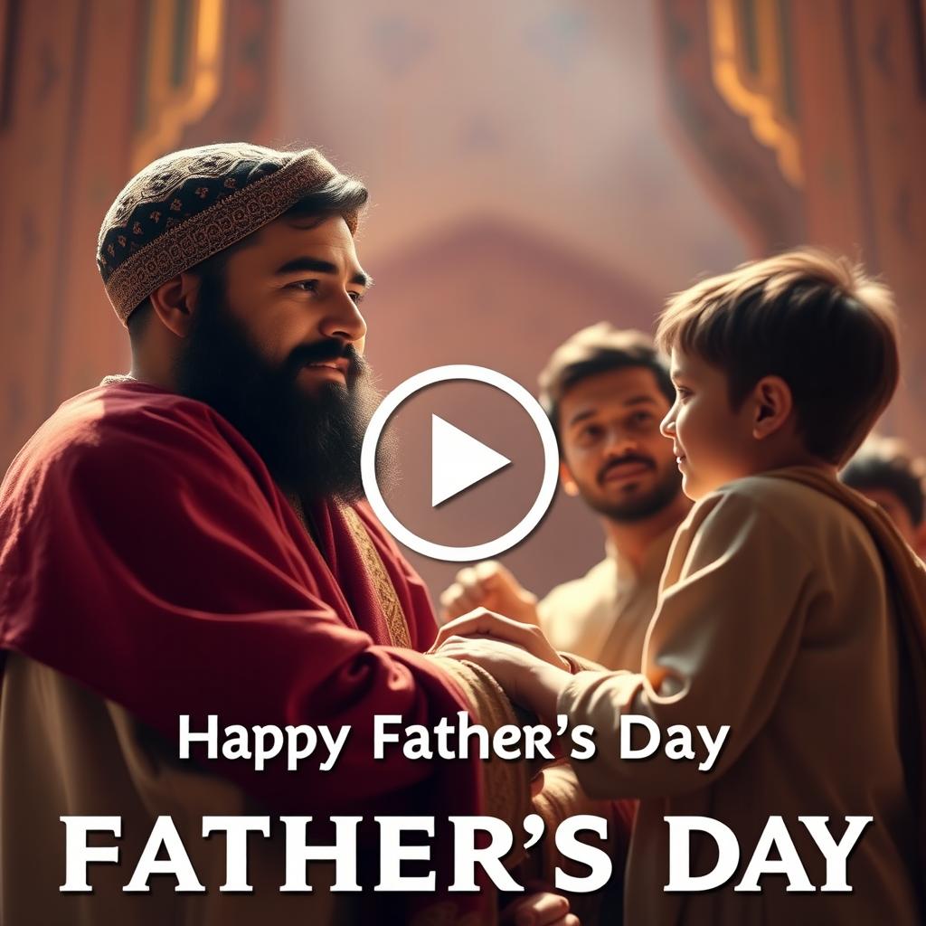 A video still capturing a vibrant and emotional scene from a dramatic representation of Imam Ali, celebrating the essence of fatherhood in a heartwarming context