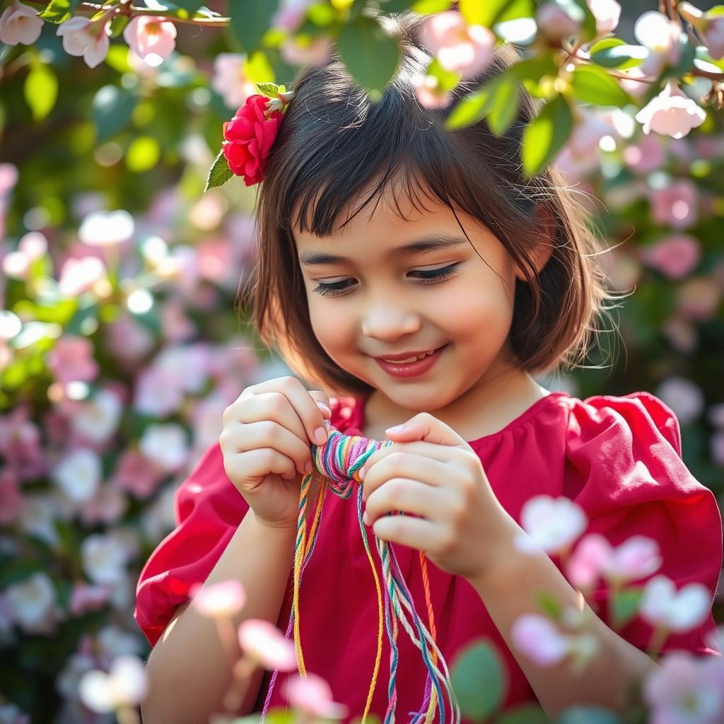 A girl creatively weaving a colorful bracelet, wearing a cherry-red outfit