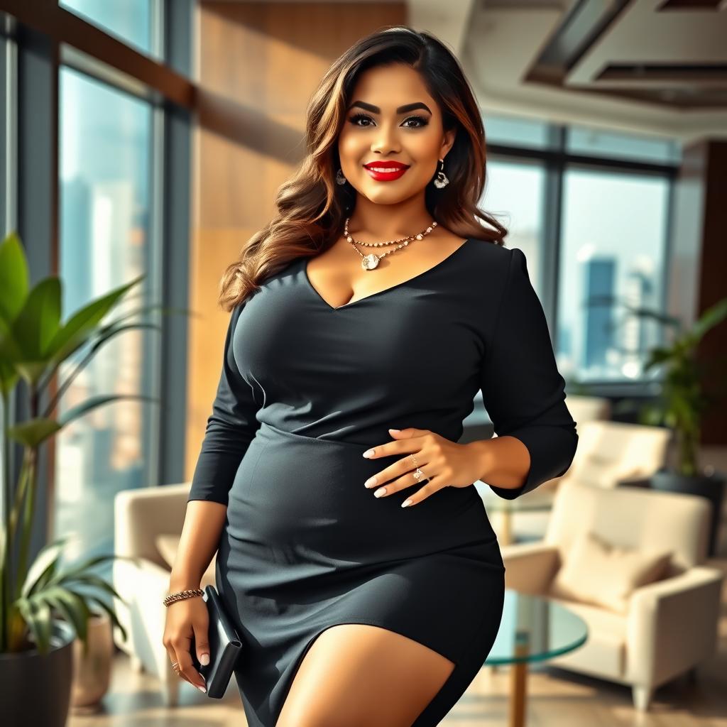 A beautiful, curvy Indonesian businesswoman with an elegant demeanor, showcasing her confidence
