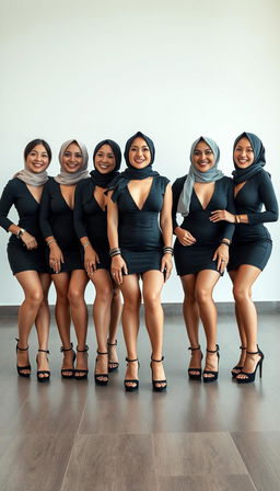 Six MILF businesswomen, each 45 years old, with white skin and perfect bodies, kneeling gracefully on the floor in high platform tied heels