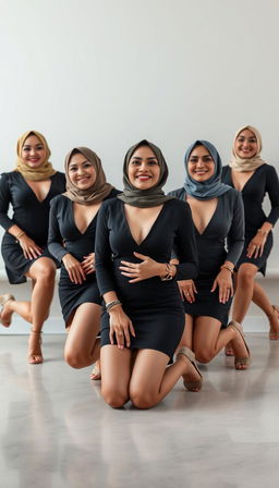 Six MILF businesswomen, each 45 years old, with white skin and perfect bodies, kneeling gracefully on the floor in high platform tied heels