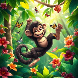 A playful monkey swinging through a vibrant jungle, surrounded by lush green trees and colorful tropical flowers