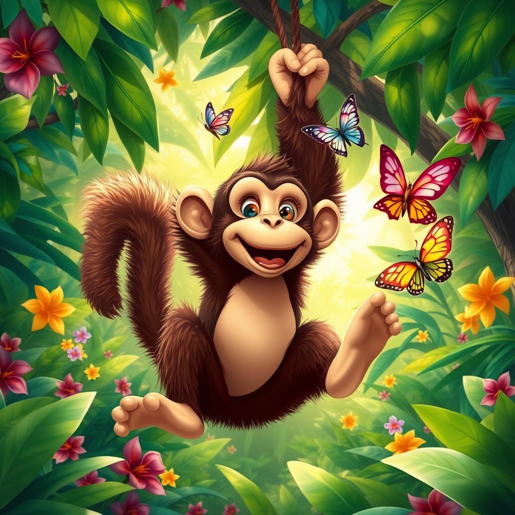 A playful monkey swinging through a vibrant jungle, surrounded by lush green trees and colorful tropical flowers