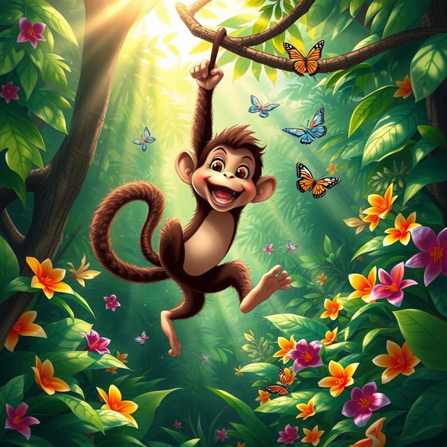 A playful monkey swinging through a vibrant jungle, surrounded by lush green trees and colorful tropical flowers