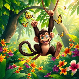 A playful monkey swinging through a vibrant jungle, surrounded by lush green trees and colorful tropical flowers