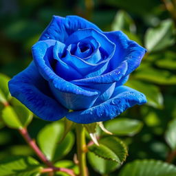 A breathtaking, intense blue rose in full bloom, displaying its unique and vibrant petals with intricate textures and rich gradients of blue