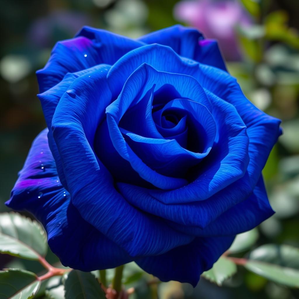 A breathtaking, intense blue rose in full bloom, displaying its unique and vibrant petals with intricate textures and rich gradients of blue