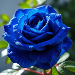 A breathtaking, intense blue rose in full bloom, displaying its unique and vibrant petals with intricate textures and rich gradients of blue