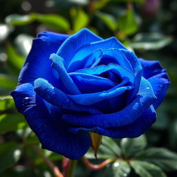 A breathtaking, intense blue rose in full bloom, displaying its unique and vibrant petals with intricate textures and rich gradients of blue
