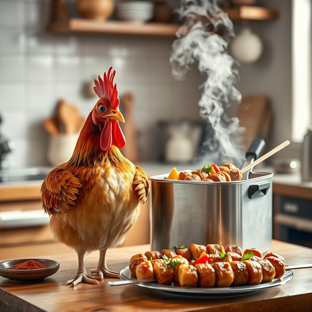A lively chicken standing next to a deep fryer that humorously transforms into a platter of kebab
