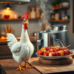 A lively chicken standing next to a deep fryer that humorously transforms into a platter of kebab