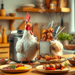 A lively chicken standing next to a deep fryer that humorously transforms into a platter of kebab