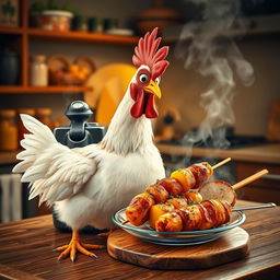 A lively chicken standing next to a deep fryer that humorously transforms into a platter of kebab