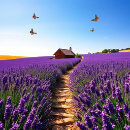 A serene and picturesque view of a sprawling lavender field in full bloom under a bright, blue sky