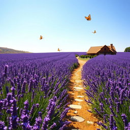 A serene and picturesque view of a sprawling lavender field in full bloom under a bright, blue sky