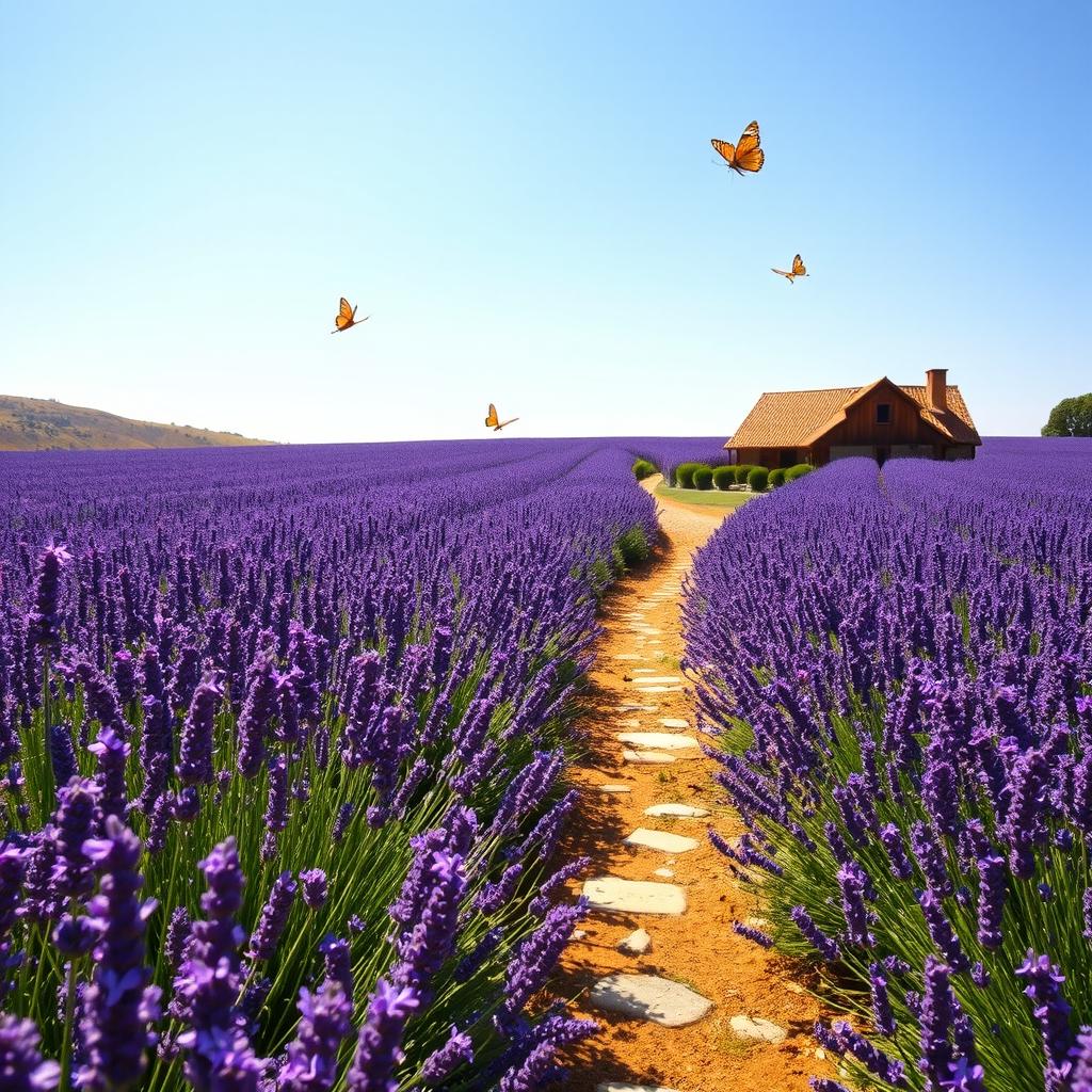 A serene and picturesque view of a sprawling lavender field in full bloom under a bright, blue sky