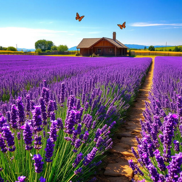 A serene and picturesque view of a sprawling lavender field in full bloom under a bright, blue sky