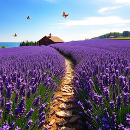 A serene and picturesque view of a sprawling lavender field in full bloom under a bright, blue sky