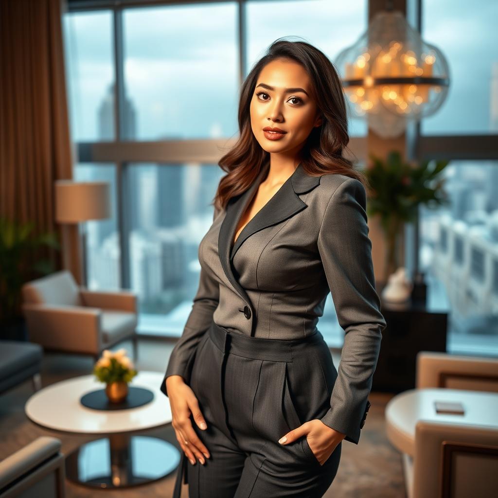 A stunningly beautiful Indonesian businesswoman with an impressive figure, showcasing an hourglass shape that highlights her large bust and slim waist