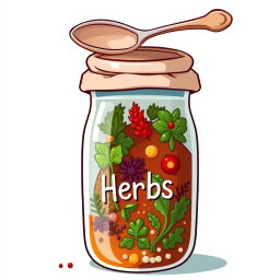 A cartoon-style illustration of a jar bottle containing an assortment of bite-marked herbs and spices