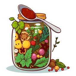 A cartoon-style illustration of a jar bottle containing an assortment of bite-marked herbs and spices