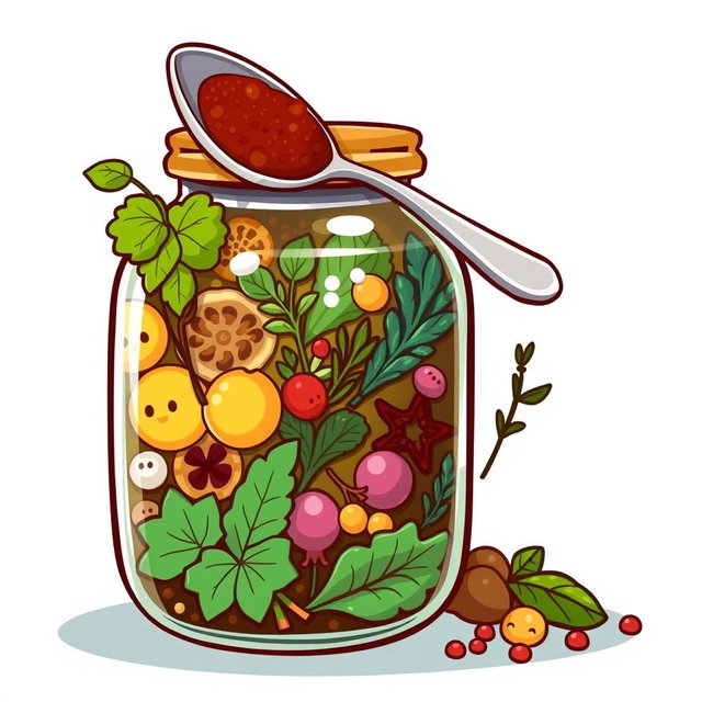 A cartoon-style illustration of a jar bottle containing an assortment of bite-marked herbs and spices