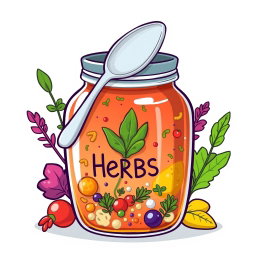 A cartoon-style illustration of a jar bottle containing an assortment of bite-marked herbs and spices