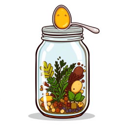 A cartoon-style illustration of a jar bottle containing an assortment of bite-marked herbs and spices