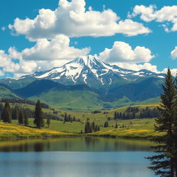 A serene landscape featuring a majestic mountain range with snow-capped peaks, lush green valleys filled with wildflowers, and a vibrant blue sky dotted with fluffy white clouds