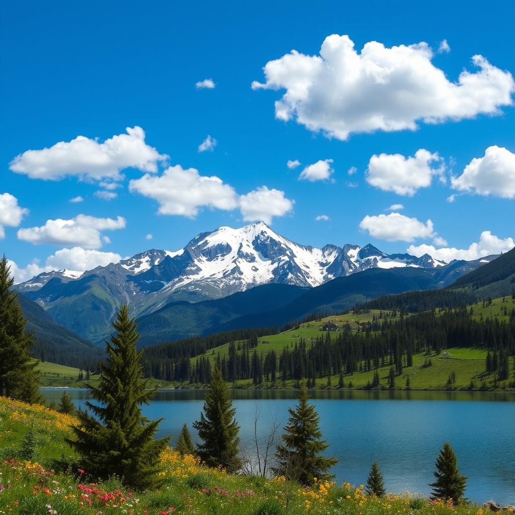 A serene landscape featuring a majestic mountain range with snow-capped peaks, lush green valleys filled with wildflowers, and a vibrant blue sky dotted with fluffy white clouds