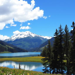 A serene landscape featuring a majestic mountain range with snow-capped peaks, lush green valleys filled with wildflowers, and a vibrant blue sky dotted with fluffy white clouds