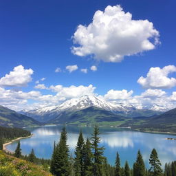 A serene landscape featuring a majestic mountain range with snow-capped peaks, lush green valleys filled with wildflowers, and a vibrant blue sky dotted with fluffy white clouds
