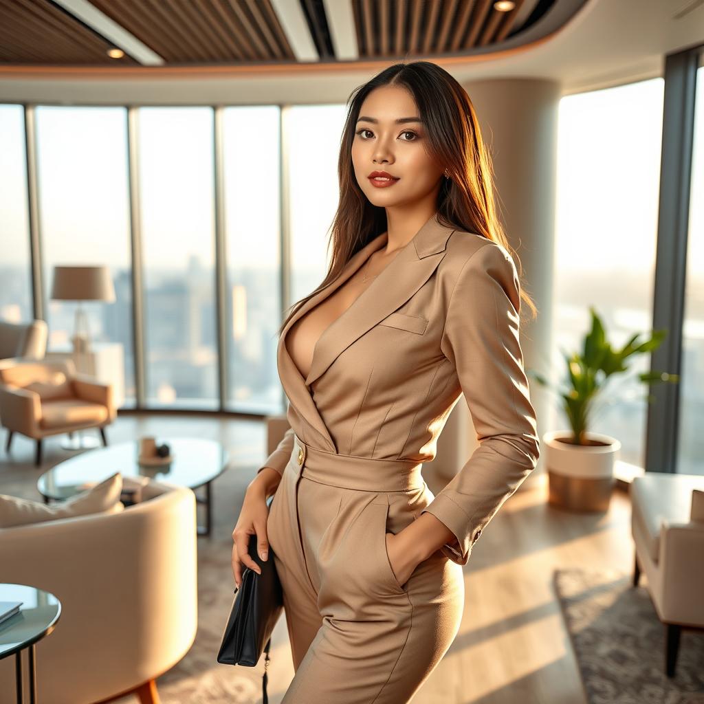A stunningly beautiful Indonesian businesswoman, 26 years old, with an hourglass figure that features a large bust and a slim waist