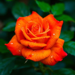 A captivating orange rose with bright red highlights, displaying an exquisite blend of colors in its petals