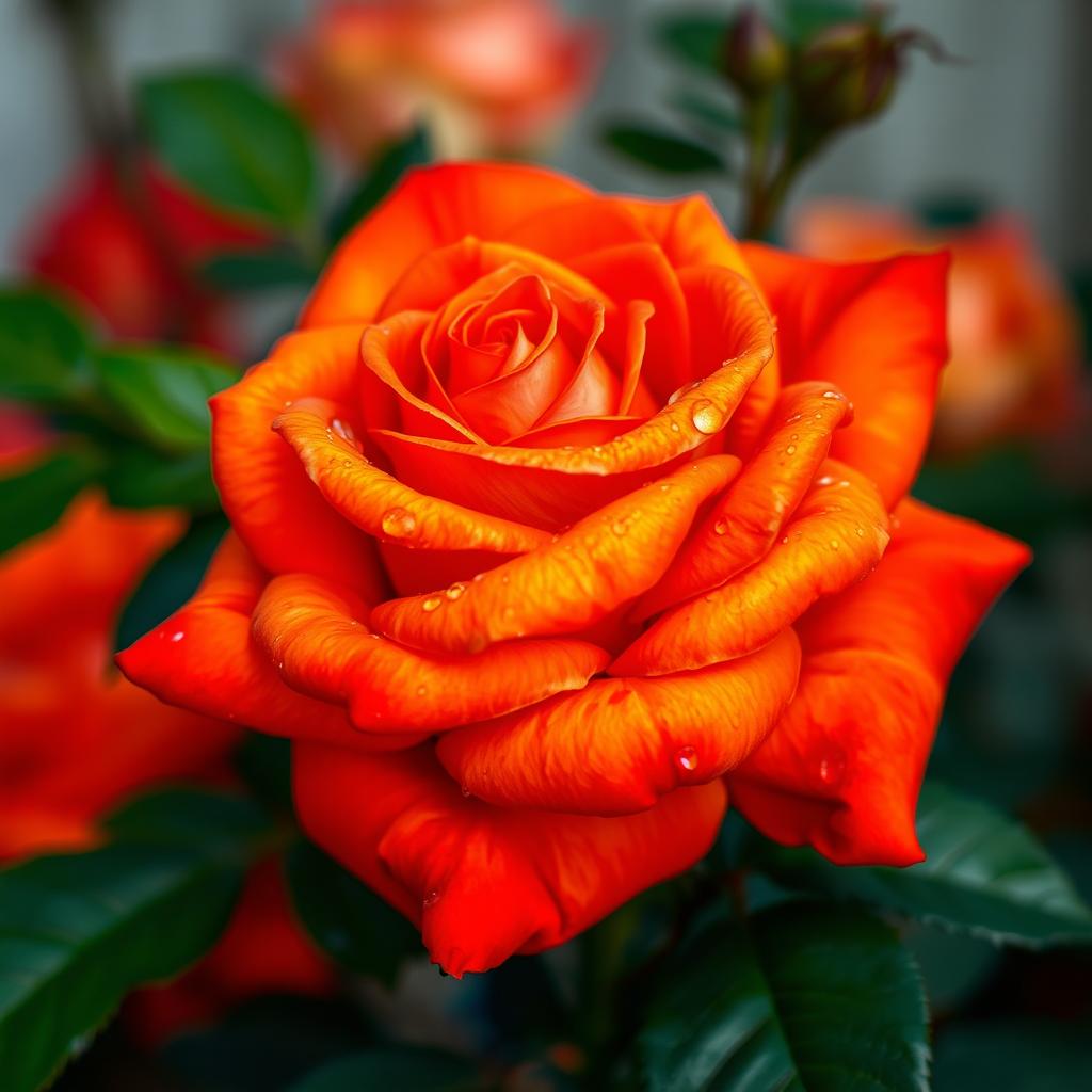 A captivating orange rose with bright red highlights, displaying an exquisite blend of colors in its petals