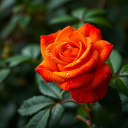 A captivating orange rose with bright red highlights, displaying an exquisite blend of colors in its petals