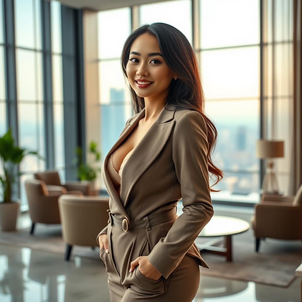 A stunning and attractive Indonesian businesswoman, aged 26, showcasing an impressive hourglass figure with a large bust and a slim waist
