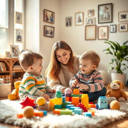 A warm and nurturing scene depicting a loving mother engaging with her child, surrounded by colorful toys