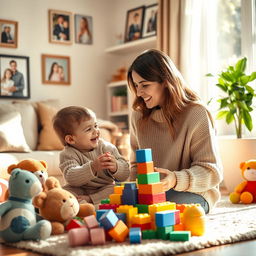 A warm and nurturing scene depicting a loving mother engaging with her child, surrounded by colorful toys