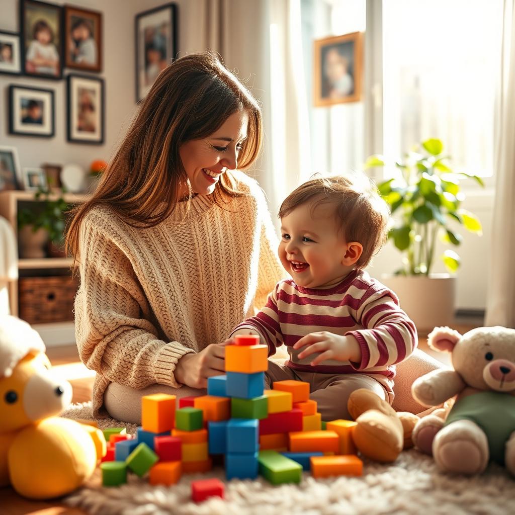 A warm and nurturing scene depicting a loving mother engaging with her child, surrounded by colorful toys