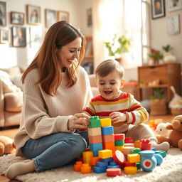 A warm and nurturing scene depicting a loving mother engaging with her child, surrounded by colorful toys