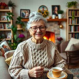 A cheerful and loving grandmother sitting in a cozy living room, surrounded by family photos and a warm fireplace