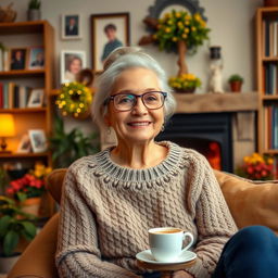 A cheerful and loving grandmother sitting in a cozy living room, surrounded by family photos and a warm fireplace